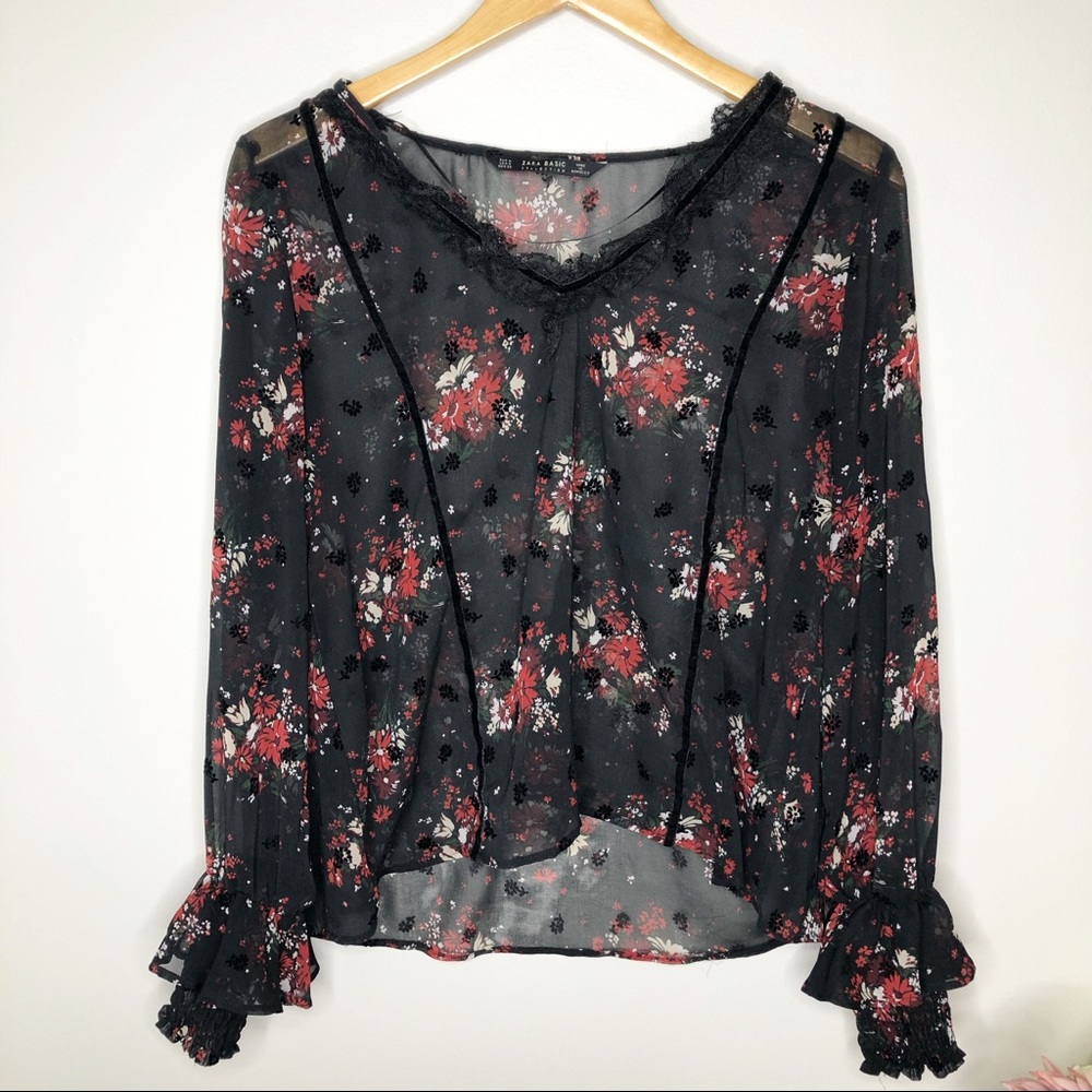 ZARA BASIC Sheer Black Floral Ruffle Top-sz M - Picture 1 of 7